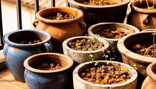 Sunlit terracotta and blue ceramic planters holding seedlings on balcony railing