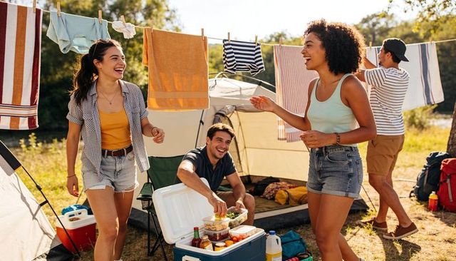 Laughing friends packing cooler and hanging laundry at sunny tent campsite, outdoor cooking