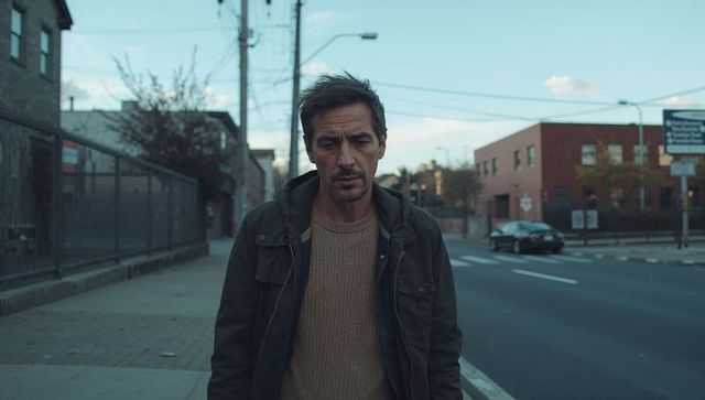Brooding middle-aged man walking alone on urban sidewalk at dusk wearing hooded jacket