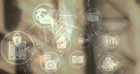 Digital interface with network icons overlay on business professional