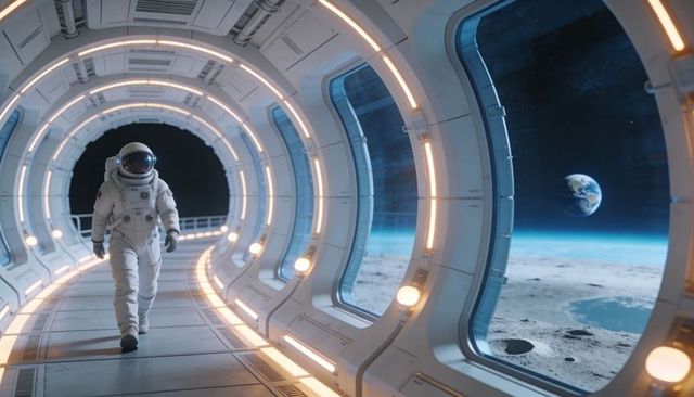 Walking astronaut exploring futuristic lunar habitat corridor with earth view