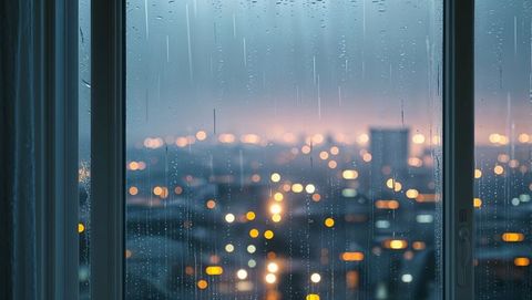 Rainy Urban Dusk with City Lights Blurred View