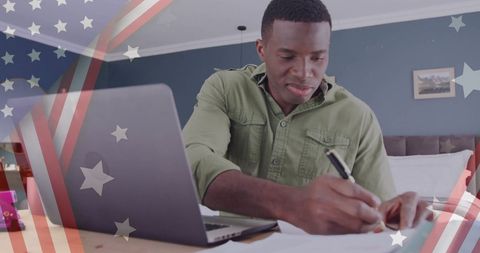 Patriotic American Businessman Working on Laptop