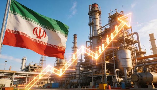 Iranian flag fluttering at oil refinery with rising growth chart overlay