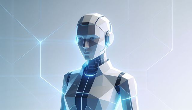 Low-poly futuristic humanoid android standing, cyan circuit seams and hex grid backdrop