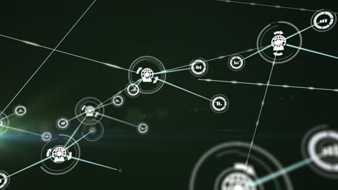 Digital Network Interface with Connected Icons on Black Background