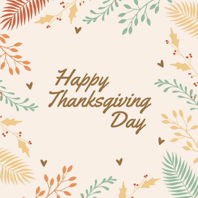 Illustration displaying 'Happy Thanksgiving Day' text surrounded by colorful autumn leaves and branches. Suitable for seasonal greeting cards, social media posts, and graphic design projects aimed at Thanksgiving celebrations.