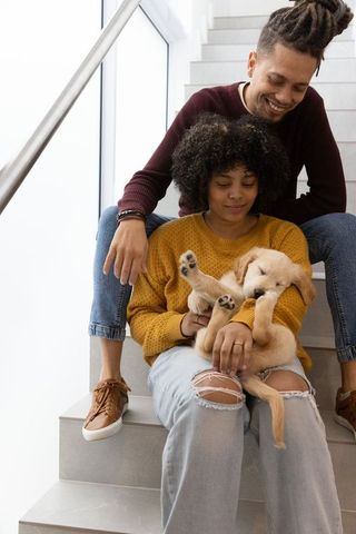 Couple relaxing on stairs holding sleeping golden retriever puppy in cozy interior