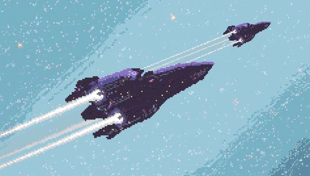 Retro pixel spacefleet cruising diagonal across teal starfield with bright engine trails