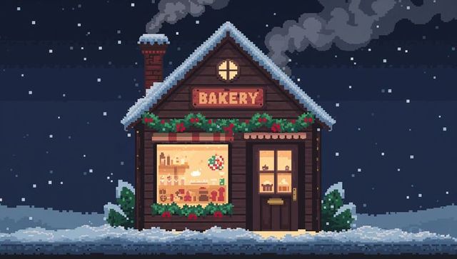 Glowing pixel art bakery cabin emitting warm light on snowy night, cozy festive cottage