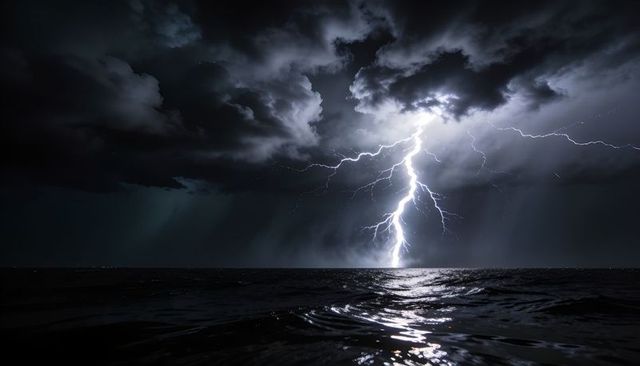 Forked lightning striking ocean under storm clouds at night reflecting on dark water