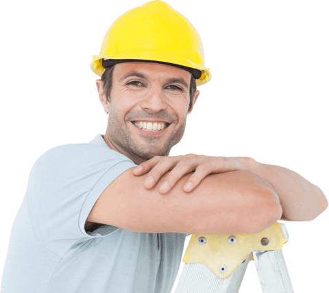 Smiling Construction Worker in Helmet Leaning on Ladder Transparent Background - Download Free Stock Videos Pikwizard.com