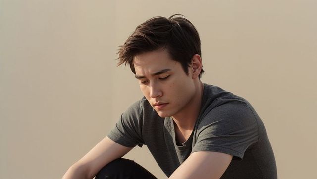 Young man contemplating while sitting in minimal beige studio wearing grey t-shirt