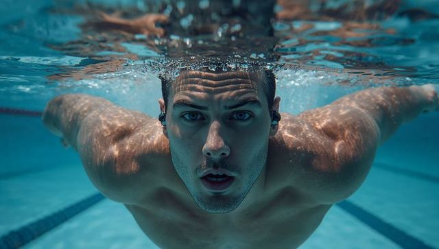 Male swimmer gliding underwater with earbuds in blue lap pool, intense focus and power