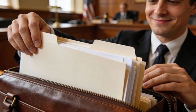Lawyer organizing case files in courtroom briefcase preparing documents for trial