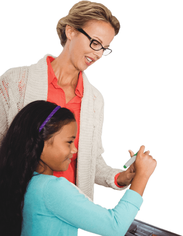 Transparent female teacher guiding student in writing task