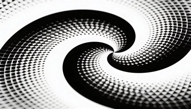 Spinning dual spiral vortex tessellated diamond grid high-contrast monochrome