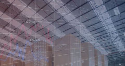 Warehouse with Financial Data Overlay Representing Trade and Economics