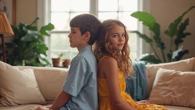 Brother and sister sitting back-to-back on sofa in sunlit living room family moment