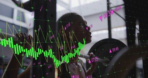 Female Athlete Squatting with Barbell and Stock Chart Overlay for Strength Data Trends