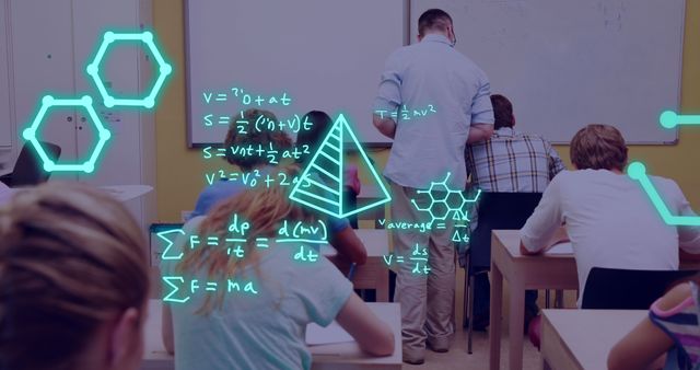 High school students are focused on their work, with a teacher assisting at the front of the room. Mathematical equations and geometric shapes add an educational overlay. Can be used for educational content, school websites, learning resources, and promotional materials for math classes.
