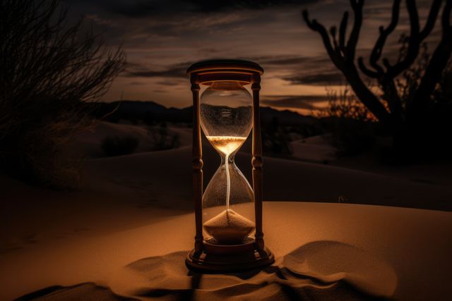 This captivating image features a glowing hourglass situated in a tranquil desert landscape during twilight. Ideal for projects centered around the theme of time, solitude, meditation, or the passage of time. Could be used in articles, posters, blogs, or inspirational content focusing on life's ephemeral nature.
