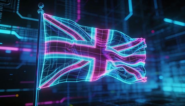 Neon union jack waving over futuristic cyber grid with holographic wireframe glow