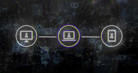 Pulsing laptop linking desktop and smartphone nodes with neon network pulse