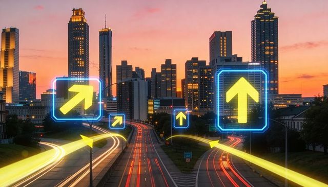 Futuristic urban highway light trails toward downtown skyline with neon arrow overlays