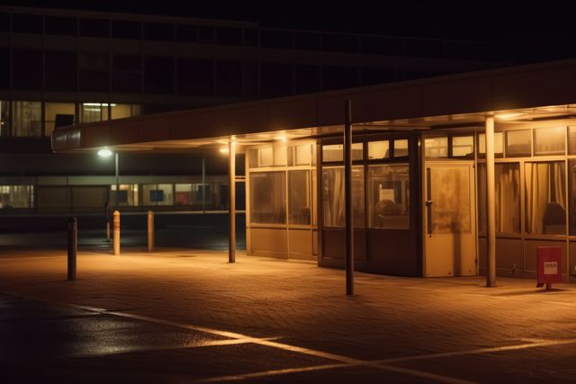 This image features an empty bus depot and ticket office illuminated at night, providing a quiet, calm urban setting. Ideal for use in transportation-related content, depicting solitude and the quietness of nighttime in a city. Useful in articles or presentations on public transportation, urban planning, night shifts, or safety measures.