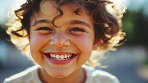 Laughing curly-haired boy squinting into sun with golden hour lens flare
