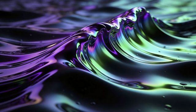 Iridescent liquid wave undulating with glossy metallic reflections and prismatic droplets