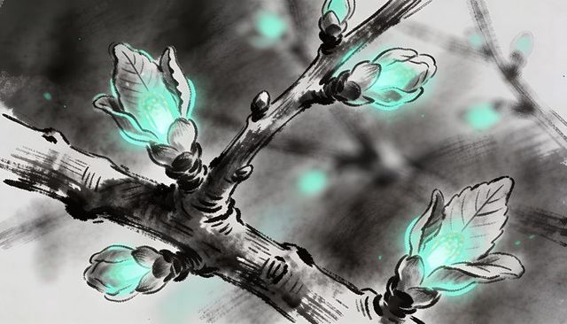 Ink wash branch with teal glowing buds, woodgrain bark, grayscale vignette