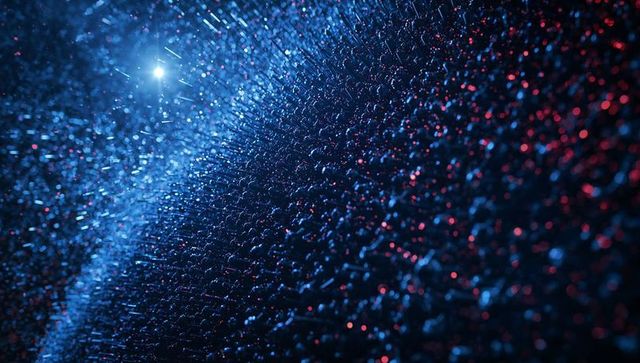 Macro sparkling reflective droplets on textured surface under blue light with red bokeh