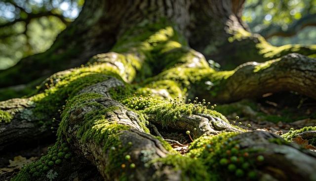 Sprawling moss-covered oak roots hosting tiny sporophytes, macro forest texture