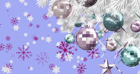 Snow Falling Over Christmas Tree with Baubles and Stars