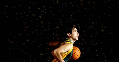 Energetic basketball player in action with digital interface elements