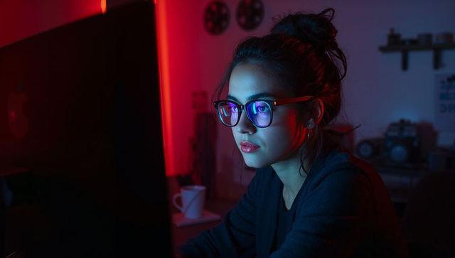 Professional working late with glasses under cinematic neon rgb monitor glow, film vibe