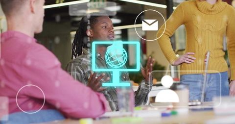 Diverse team discussing internet network strategy in office