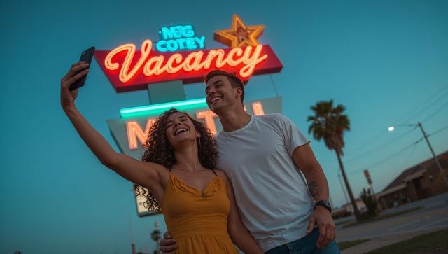 Happy Couple Taking Selfie with Neon Motel Sign at Dusk