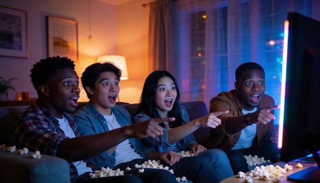 Friends watching movie night, reacting to tv, sharing popcorn in cozy living room