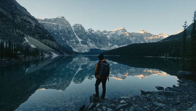 Hiker standing on rocky shore overlooking mirrored alpine lake and snowcapped peaks