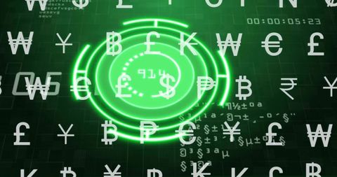 Neon green financial hud pulsing with global currency symbols, radar rings, timer overlay