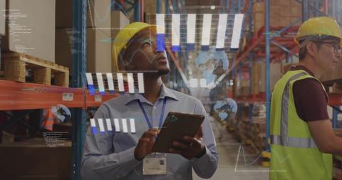Warehouse team using tablet and data overlay for inventory analytics and logistics control