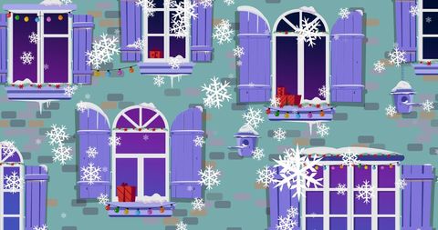 Festive christmas windows with snowfall and decor