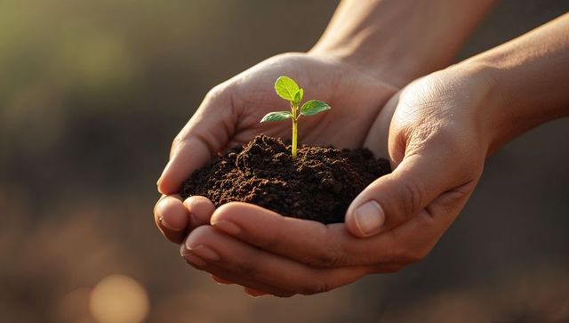 Hands Holding We Small Plant in Soil at Soft Sunrise