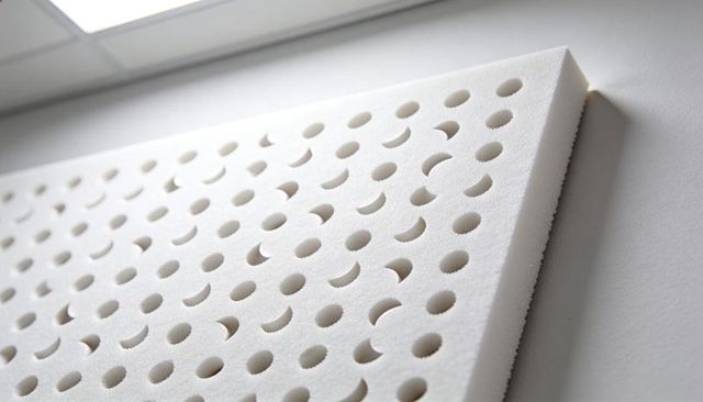 Perforated white acoustic foam panel with circular and crescent cutouts, wall mounted