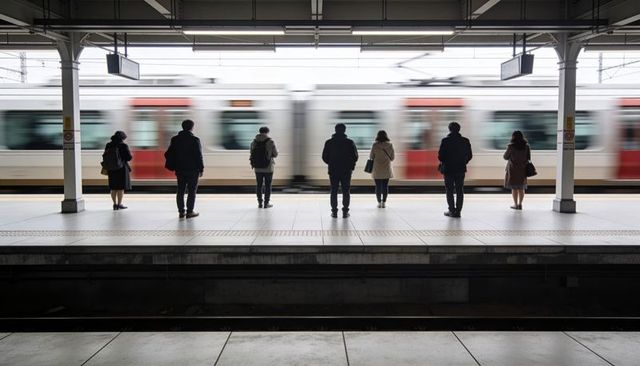 Seven commuters waiting on covered train platform with motion blurred train during rush hour
