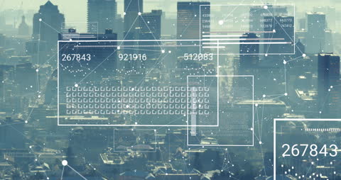 Futuristic Data Network Interface Overlay on City Skyline