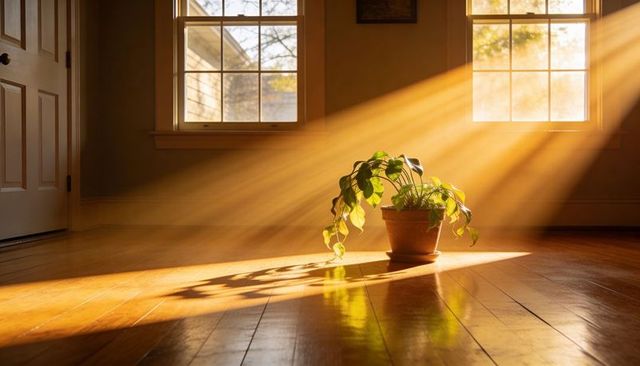 Sunbeams bathing potted vining plant on hardwood floor in warm morning light